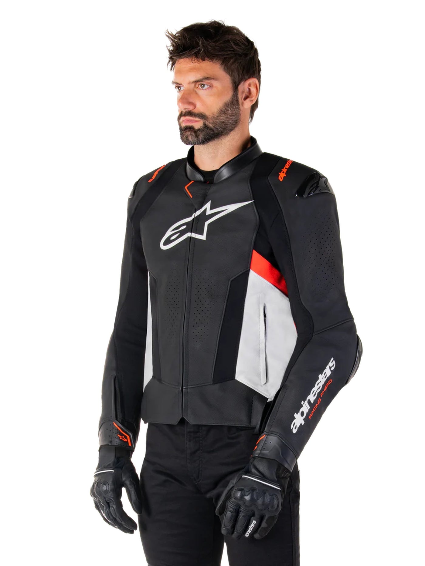 Alpinestars Leather Jacket Missile v3 Black/White/Red Fluo